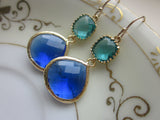 Large Cobalt Blue Earrings Gold Sea Green Two Tier -  Bridesmaid Earrings Wedding Earrings Valentines Day Gift