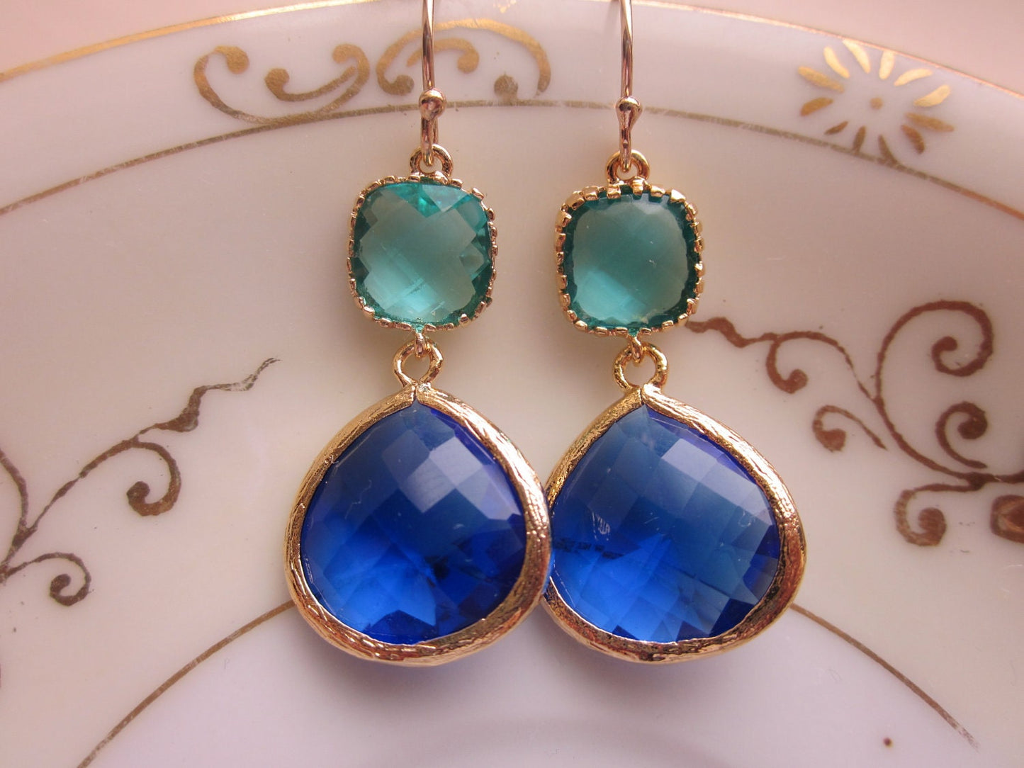 Large Cobalt Blue Earrings Gold Sea Green Two Tier -  Bridesmaid Earrings Wedding Earrings Valentines Day Gift