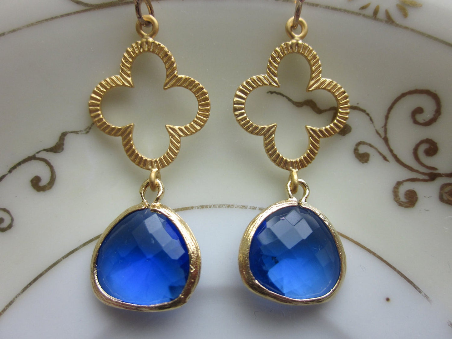 Cobalt Blue Earrings Gold Clover Quatrefoil - Bridesmaid Earrings - Valentines Day Gift - Wedding Earrings