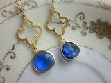Cobalt Blue Earrings Gold Clover Quatrefoil - Bridesmaid Earrings - Valentines Day Gift - Wedding Earrings