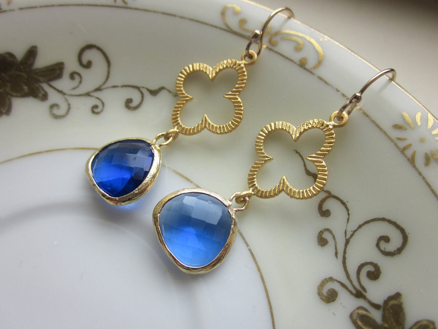 Cobalt Blue Earrings Gold Clover Quatrefoil - Bridesmaid Earrings - Valentines Day Gift - Wedding Earrings