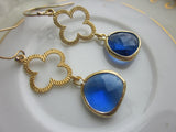 Cobalt Blue Earrings Gold Clover Quatrefoil - Bridesmaid Earrings - Valentines Day Gift - Wedding Earrings