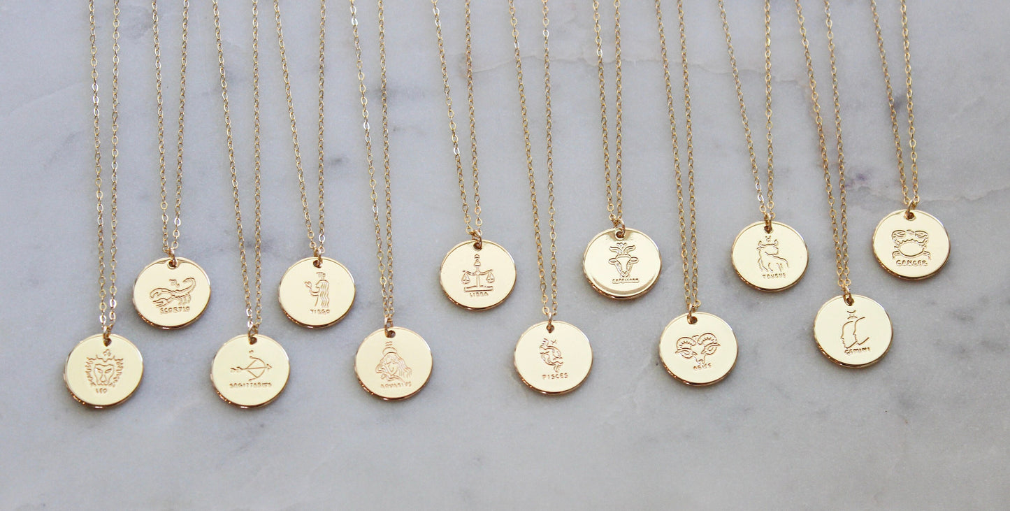 Personalized Gold Zodiac Necklace, Zodiac Coin Necklace, Celestial Jewelry, Unique Zodiac Gift, Zodiac Jewelry, Astrology, Christmas Gift