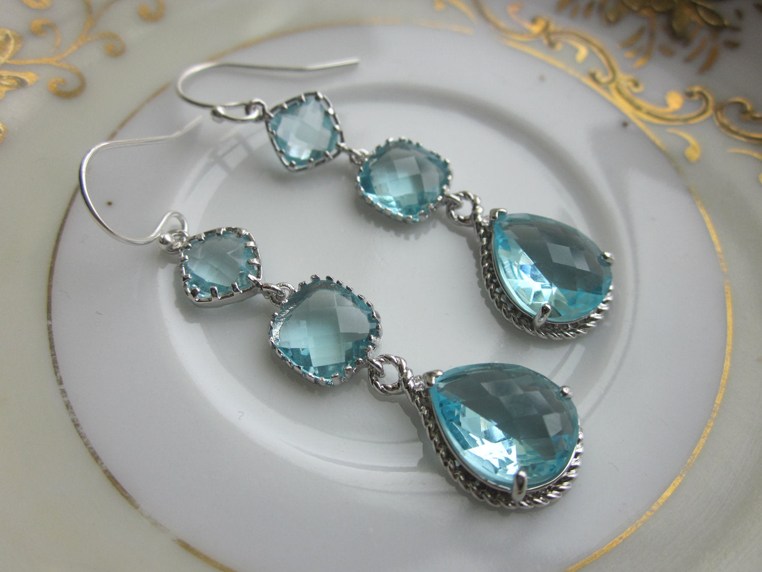 Wedding Jewelry Bridesmaid Earrings Dangle Earrings Gold Framed Blue Zircon  And Aquamarine Glass Dro on Luulla