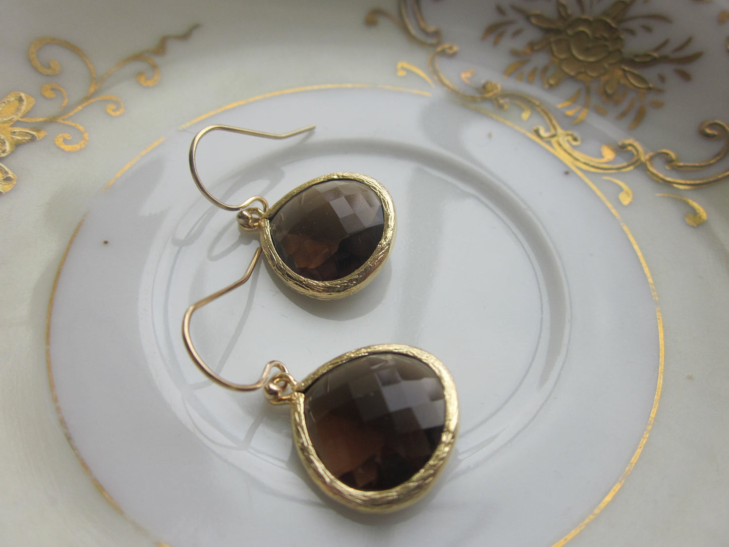 Smoky Brown Earrings Gold Plated Large Pendant - Wedding Earrings - Bridal Earrings - Bridesmaid Earrings