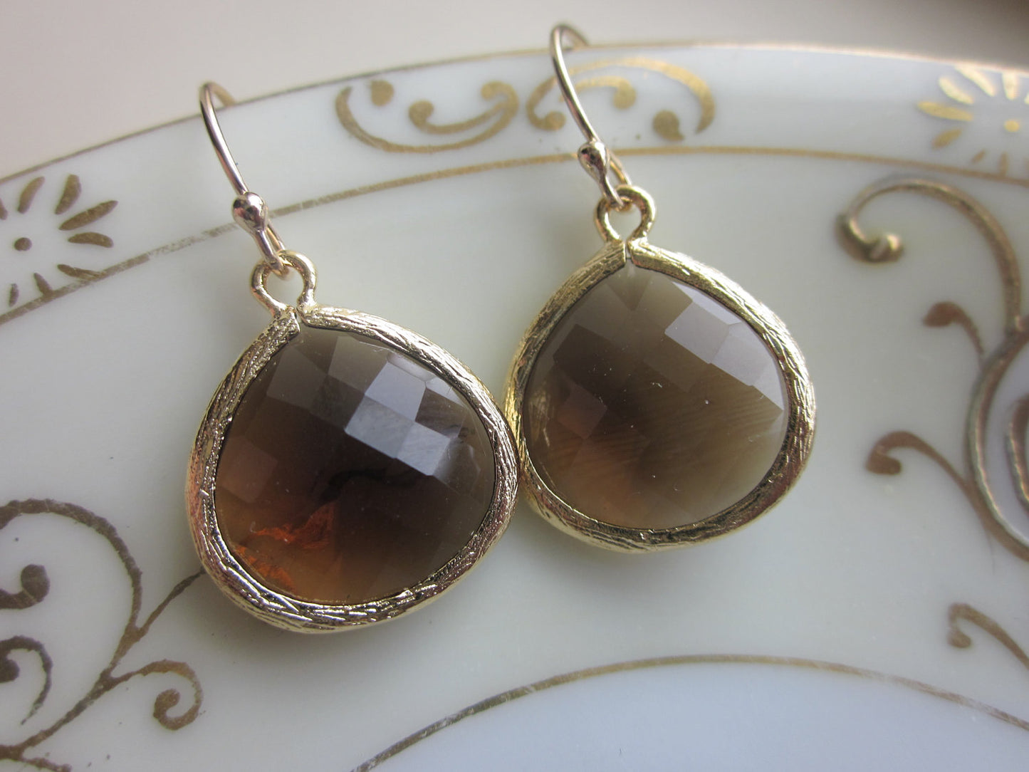 Smoky Brown Earrings Gold Plated Large Pendant - Wedding Earrings - Bridal Earrings - Bridesmaid Earrings