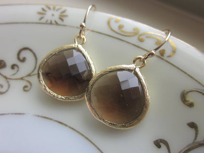 Smoky Brown Earrings Gold Plated Large Pendant - Wedding Earrings - Bridal Earrings - Bridesmaid Earrings