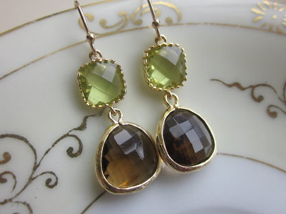 Smoky Brown Earrings Apple Green Two Tier -  Bridesmaid Earrings - Bridal Earrings - Wedding Jewelry