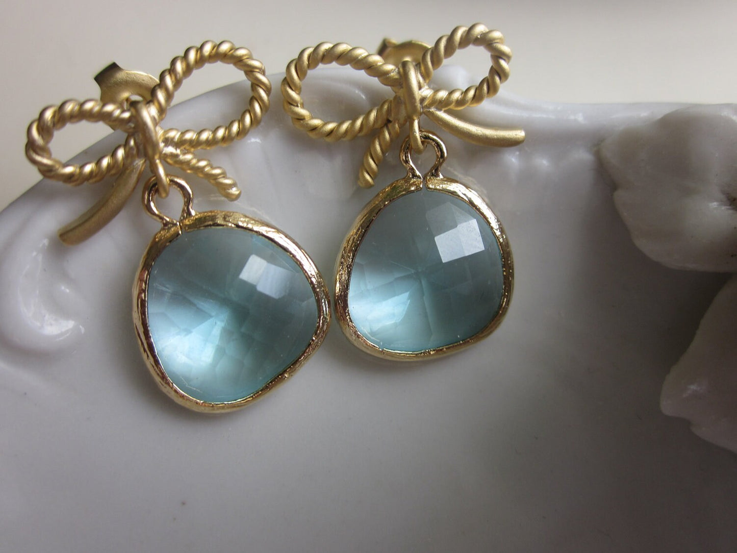 Aquamarine Blue Earrings Gold Bow Earrings Ribbon Stud - Bridesmaid Earrings - Wedding Earrings - Valentines Day Gift