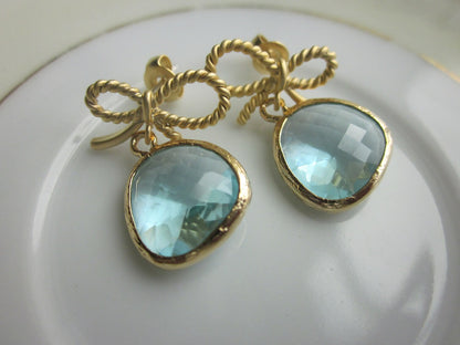 Aquamarine Blue Earrings Gold Bow Earrings Ribbon Stud - Bridesmaid Earrings - Wedding Earrings - Valentines Day Gift
