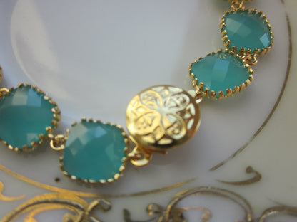 Aqua Blue Mint Bracelet Gold Plated - Glass Square Blocks - Bridesmaid Bracelet - Bridal Bracelet - Wedding Jewelry - Valentines Day Gift