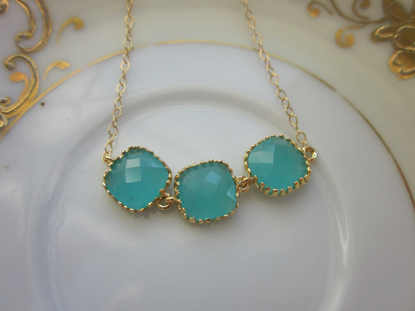 Aqua Blue Mint Necklace Gold Plated - Gold Filled Chain - Wedding Jewelry - Bridesmaid Jewelry - Bridesmaid Necklace - Mint Bridesmaid Gift