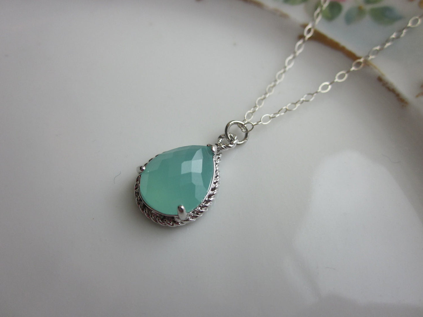 Pacific Aqua Mint Blue Necklace Silver Teardrop - Sterling Silver Chain - Bridesmaid Necklace - Bridesmaid Jewelry - Wedding Jewelry