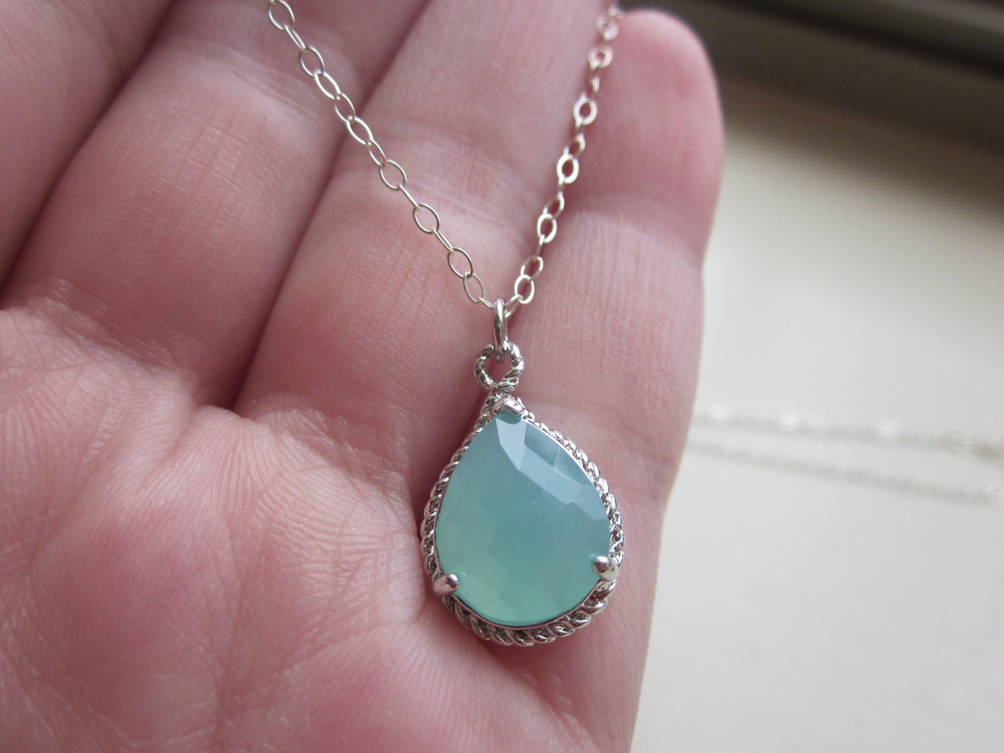 Pacific Aqua Mint Blue Necklace Silver Teardrop - Sterling Silver Chain - Bridesmaid Necklace - Bridesmaid Jewelry - Wedding Jewelry