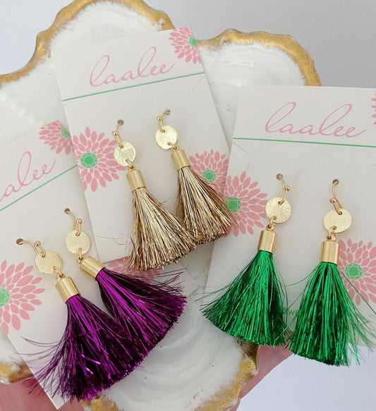 Mardi Gras Earrings, Mardi Gras Jewelry, Fringe Tassel, Tinsel Tassel Earrings, Statement Earrings, Mardi Gras Accessories, Fringe Earrings