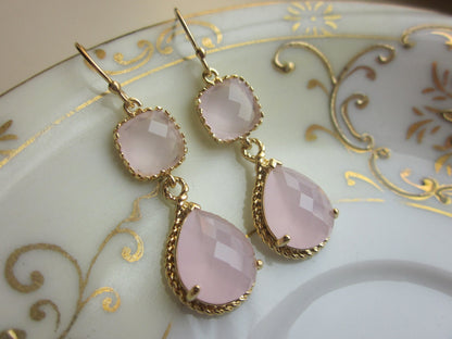 Pink Opal Earrings Gold Pink Earrings Teardrop Glass - 14k Gold Filled Earwires - Bridesmaid Earrings Wedding Earrings