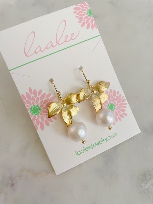 Gold Bridal Earrings, Gold Wedding Earrings, Flower Earrings, Orchid Earrings, Pearl Earrings, Bridesmaid Jewelry, Gold Bridal Jewelry