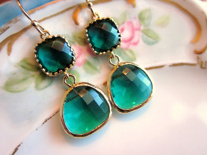 Emerald Green Earrings Gold Two Tier - Bridesmaid Earrings - Wedding Earrings - Valentines Day Gift