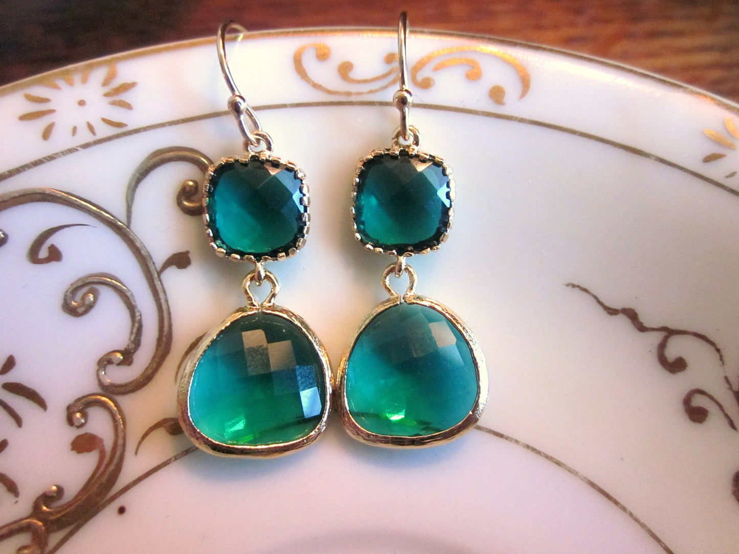 Emerald Green Earrings Gold Two Tier - Bridesmaid Earrings - Wedding Earrings - Valentines Day Gift