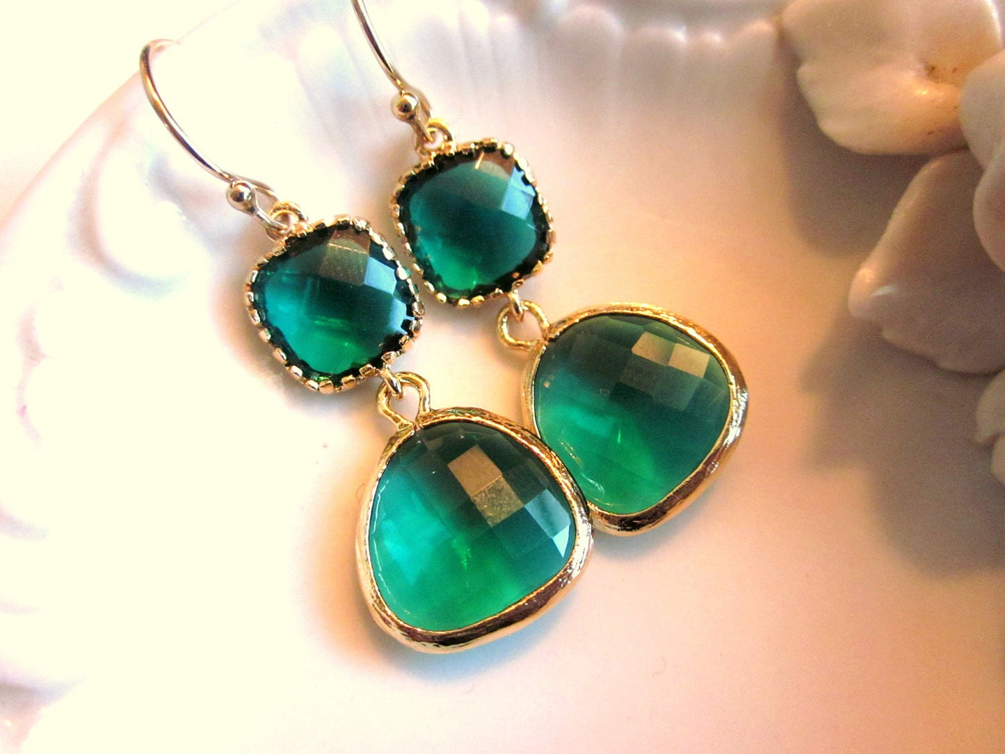 Emerald Green Earrings Gold Two Tier - Bridesmaid Earrings - Wedding Earrings - Valentines Day Gift