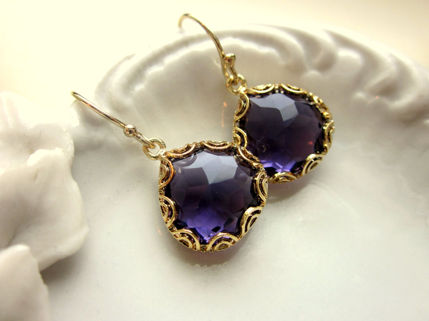 Gold Amethyst Earrings Purple - Pear Shape with Gold Design - Bridesmaid Earrings - Wedding Earrings