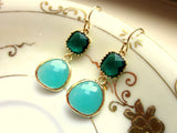Emerald Green Earrings Aqua Blue Two Tier - Bridesmaid Earrings - Wedding Earrings - Valentines Day Gift