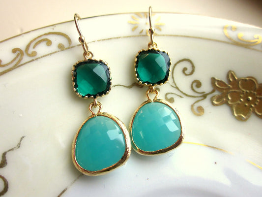 Emerald Green Earrings Aqua Blue Two Tier - Bridesmaid Earrings - Wedding Earrings - Valentines Day Gift