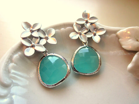 Aqua Blue Mint Earrings Silver Cherry Blossom - Sterling Silver Posts - Mint Bridesmaid Earrings Gift - Wedding Jewelry - Wedding Earrings