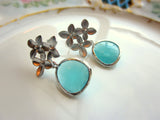 Aqua Blue Mint Earrings Silver Cherry Blossom - Sterling Silver Posts - Mint Bridesmaid Earrings Gift - Wedding Jewelry - Wedding Earrings
