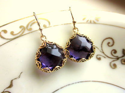 Gold Amethyst Earrings Purple - Pear Shape with Gold Design - Bridesmaid Earrings - Wedding Earrings