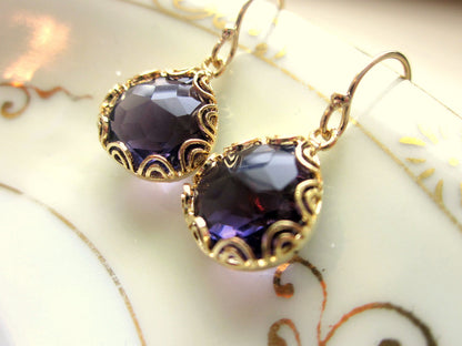 Gold Amethyst Earrings Purple - Pear Shape with Gold Design - Bridesmaid Earrings - Wedding Earrings
