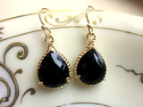 Black Earrings Gold Teardrop Earrings - Bridesmaid Earrings - Wedding Earrings - Valentines Day Gift