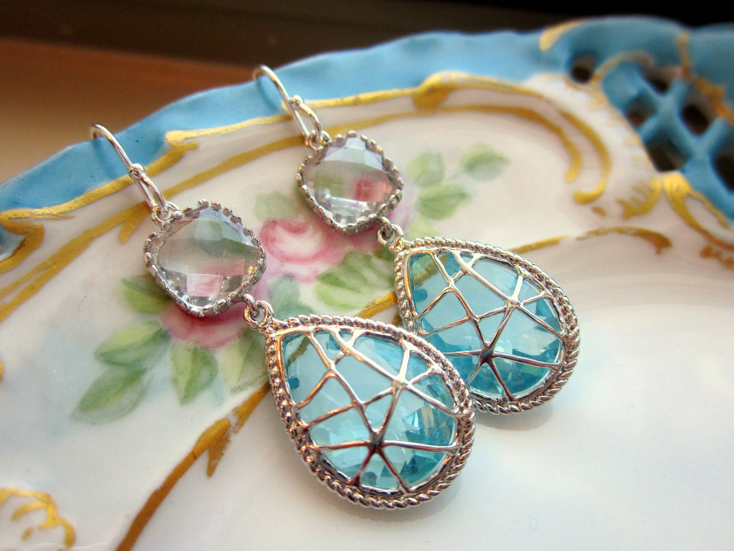 Crystal Aquamarine Earrings Blue Sterling Silver Earwires - Bridesmaid Earrings Wedding Earrings Valentines Day Gift