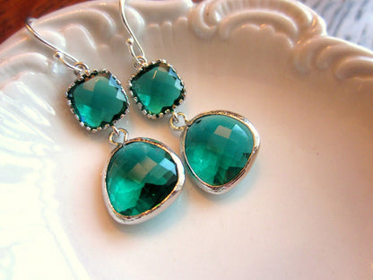 Emerald Green Earrings Silver Two Tier - Sterling Silver Earwires - Bridesmaid Earrings - Wedding Earrings - Bridal Earrings