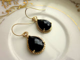 Black Earrings Gold Teardrop Earrings - Bridesmaid Earrings - Wedding Earrings - Valentines Day Gift