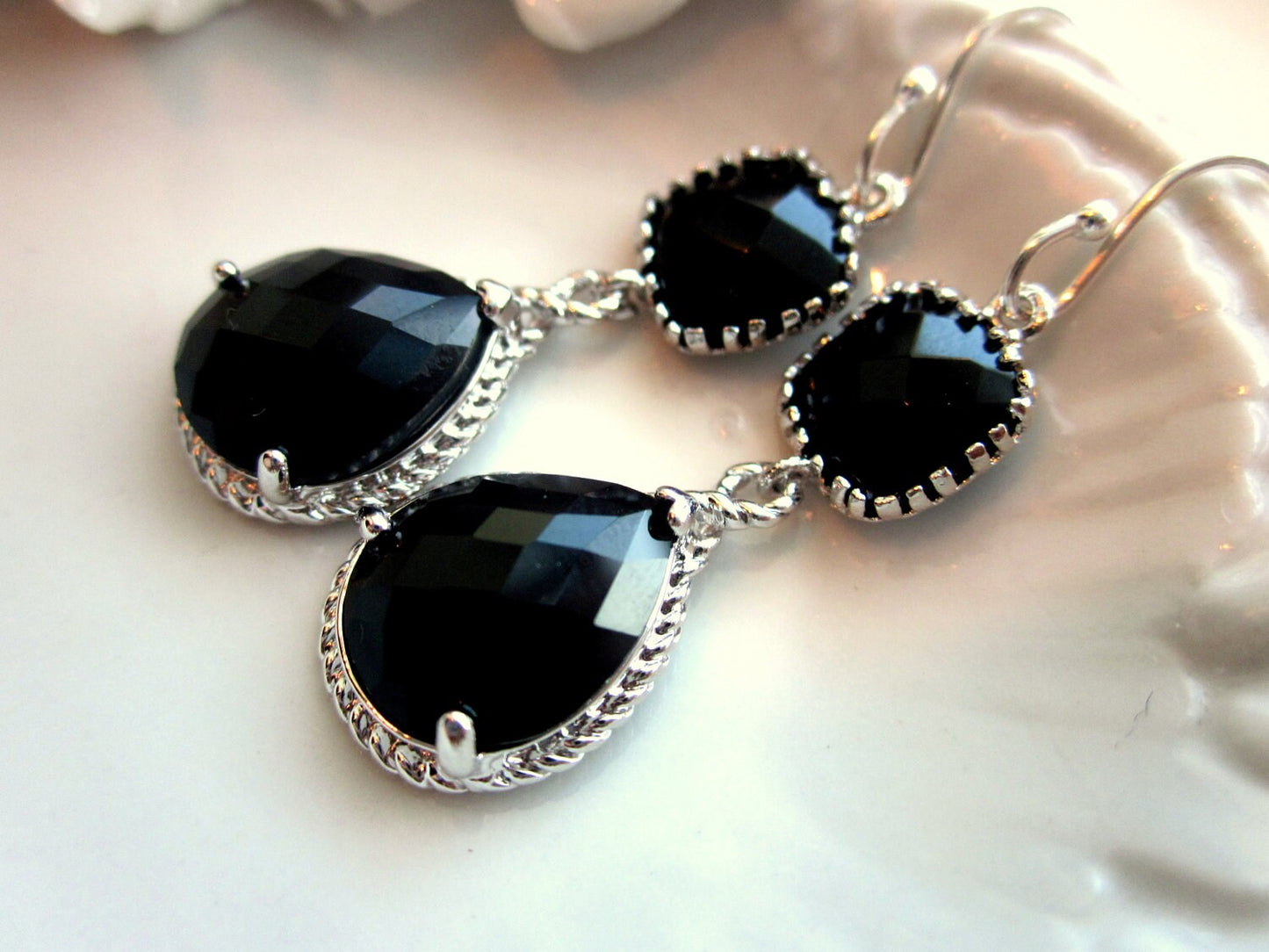 Black Earrings Onyx Silver Two Tier Earrings Teardrop Glass - Bridesmaid Earrings Wedding Earrings Bridal Earrings