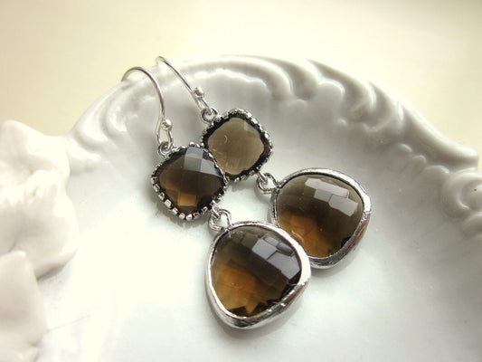 Smoky Brown Earrings Silver Two Tier Bridesmaid Earrings - Bridal Earrings - Wedding Jewelry