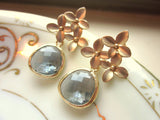 Charcoal Gray Earrings Gold Cherry Blossom - Sterling Silver Posts - Bridesmaid Earrings - Wedding Jewelry - Valentines Day Gift