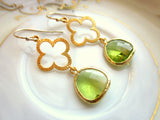 Peridot Earrings Green Gold Clover Quatrefoil - Bridesmaid Earrings - Wedding Earrings - Valentines Day Gift