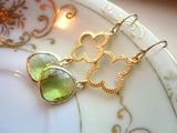 Peridot Earrings Green Gold Clover Quatrefoil - Bridesmaid Earrings - Wedding Earrings - Valentines Day Gift