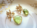 Peridot Earrings Apple Green Gold Cherry Blossom - Sterling Silver Posts - Bridesmaid Earrings - Wedding Jewelry - Valentines Day Gift