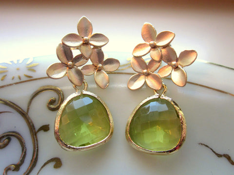 Peridot Earrings Apple Green Gold Cherry Blossom - Sterling Silver Posts - Bridesmaid Earrings - Wedding Jewelry - Valentines Day Gift