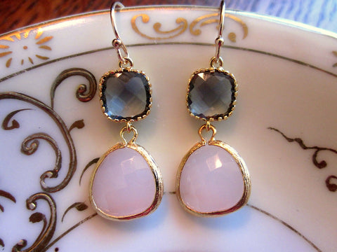 Gold Charcoal Gray Earrings Pink Earrings Two Tier - Bridesmaid Earrings - Wedding Earrings - Valentines Day Gift