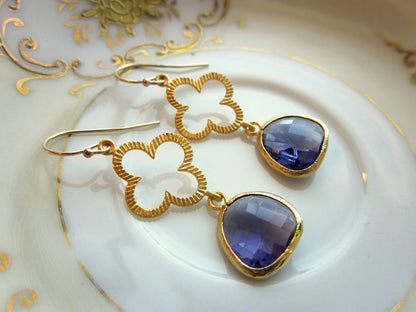 Tanzanite Earrings Purple Gold Clover Quatrefoil - Bridesmaid Earrings - Wedding Earrings - Valentines Day Gift
