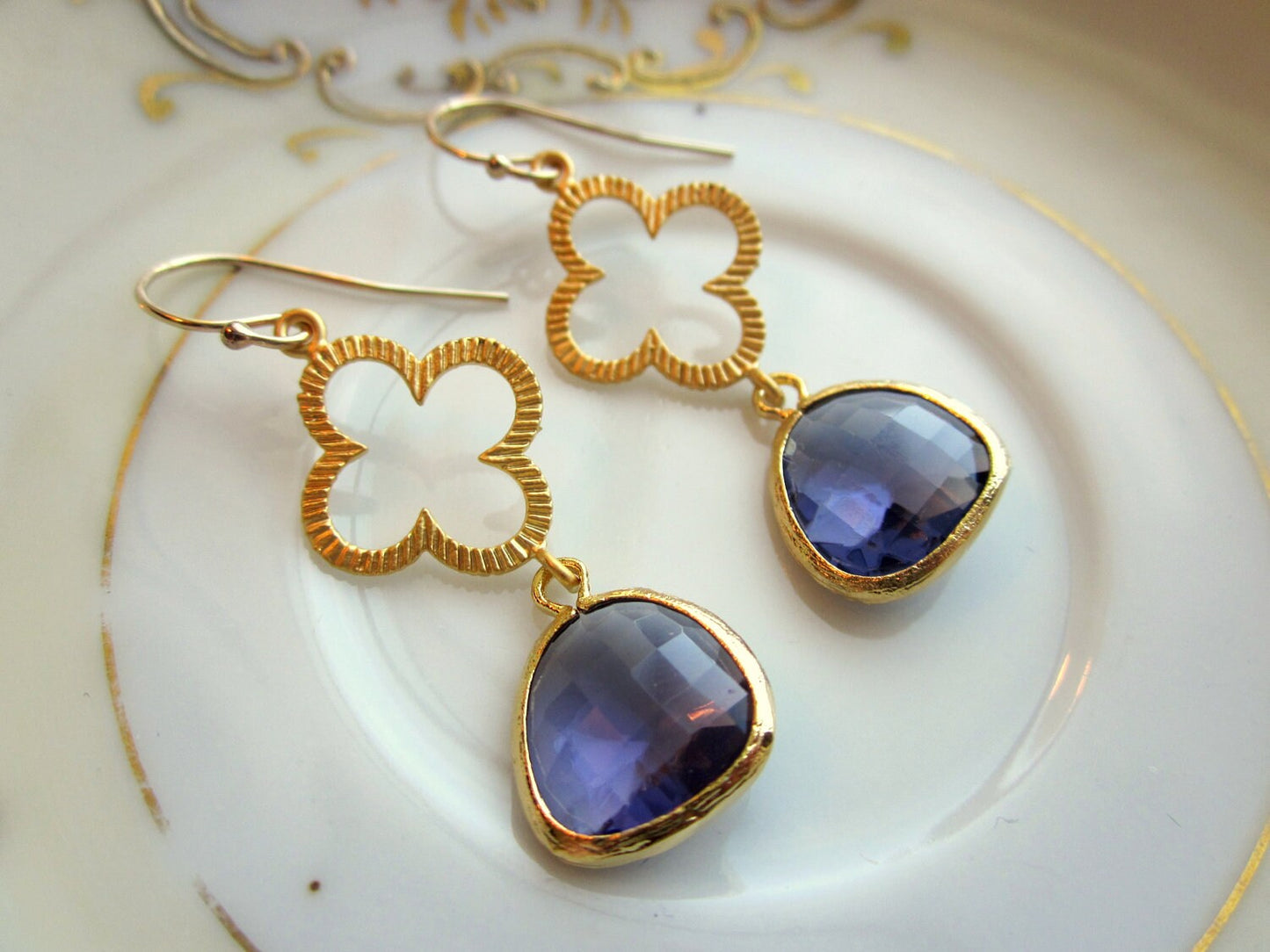 Tanzanite Earrings Purple Gold Clover Quatrefoil - Bridesmaid Earrings - Wedding Earrings - Valentines Day Gift