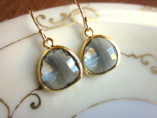 Charcoal Gray Earrings Gold - Bridesmaid Earrings - Bridal Earrings - Wedding Earrings - Valentines Day Gift