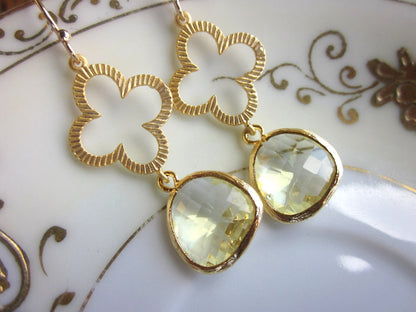 Citrine Earrings Gold Clover Quatrefoil Yellow Earrings - Bridesmaid Earrings - Wedding Earrings - Valentines Day Gift