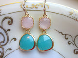 Pink Opal Earrings Aqua Blue Two Tier - Bridesmaid Earrings - Wedding Earrings - Valentines Day Gift