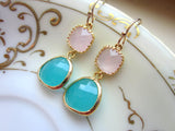 Pink Opal Earrings Aqua Blue Two Tier - Bridesmaid Earrings - Wedding Earrings - Valentines Day Gift
