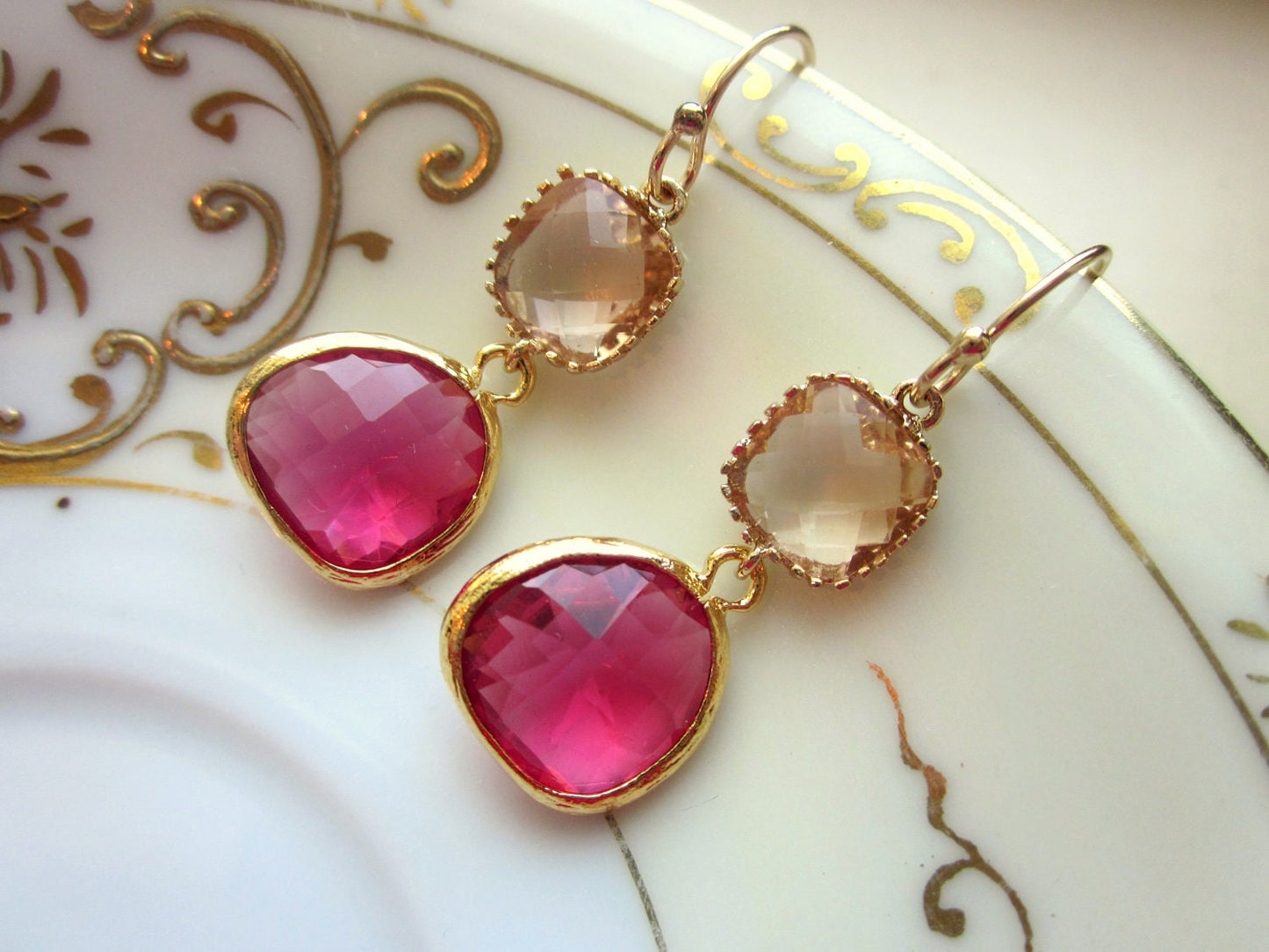 Fuchsia Earrings Champagne Peach Gold Two Tier - Bridesmaid Earrings - Wedding Earrings - Valentines Day Gift